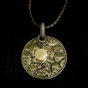 SILPADA NECKLACE, sterling silver, pearl & circular double pendant, leather